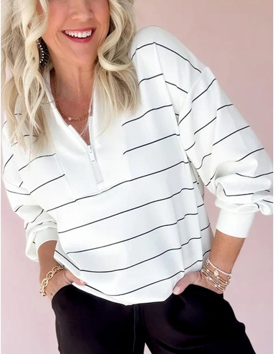 White Zip V Neck Casual Stripe Print Drop Shoulder Long Sleeve Top