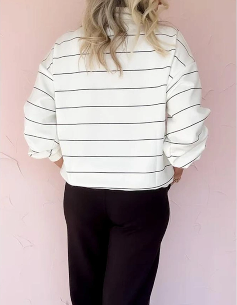 White Zip V Neck Casual Stripe Print Drop Shoulder Long Sleeve Top