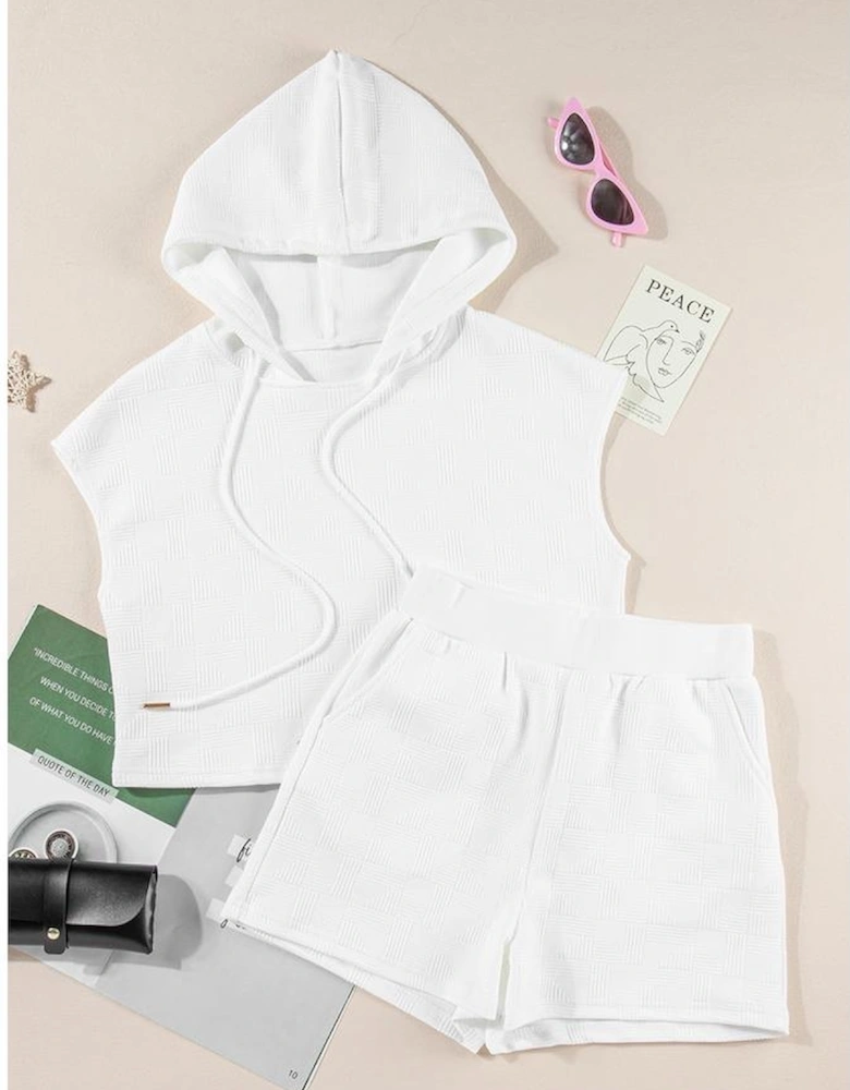 White Textured Cropped Hoodie and Shorts Set