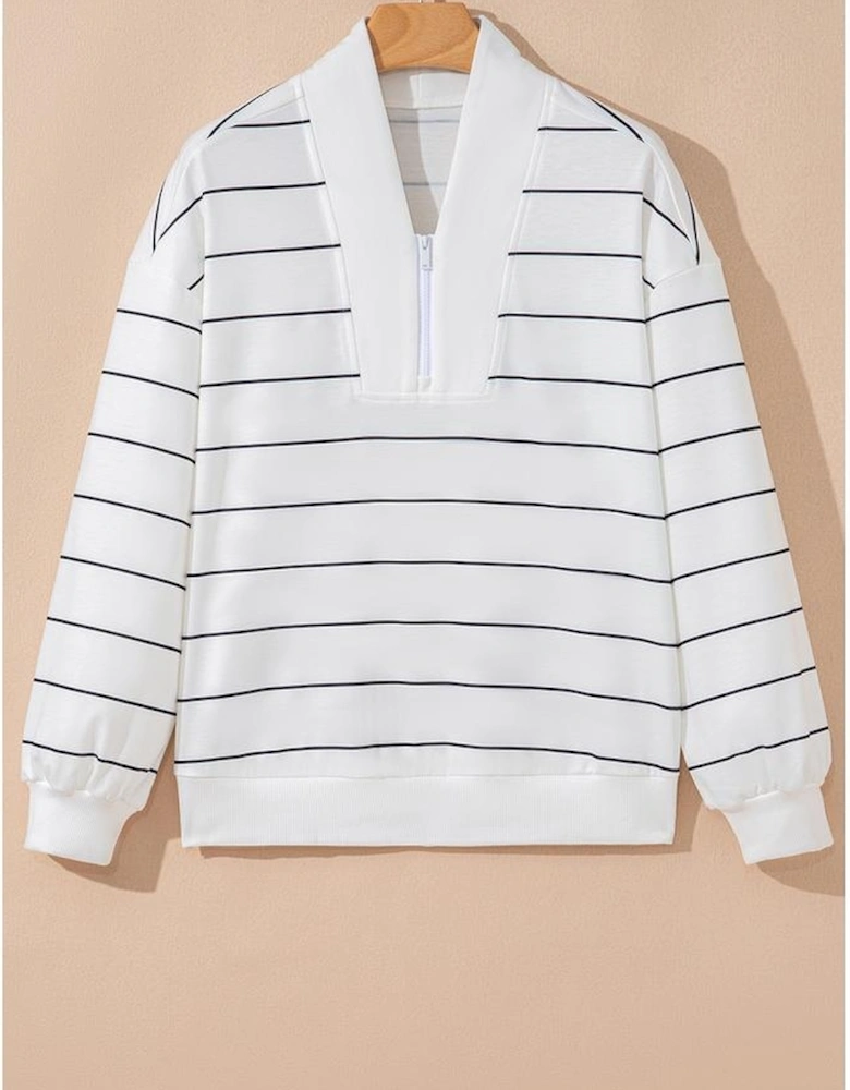 White Zip V Neck Casual Stripe Print Drop Shoulder Long Sleeve Top