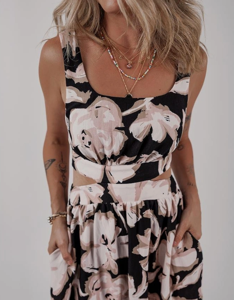 Black Floral Cutout Square Neck Knot Back Sleeveless Maxi Dress