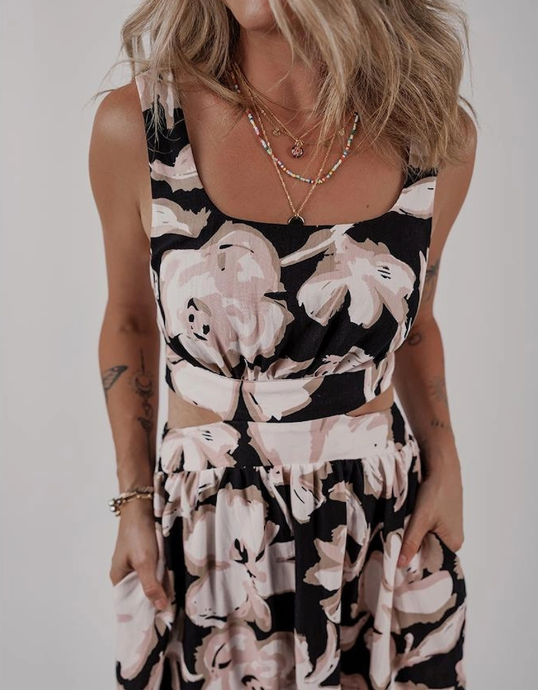 Black Floral Cutout Square Neck Knot Back Sleeveless Maxi Dress