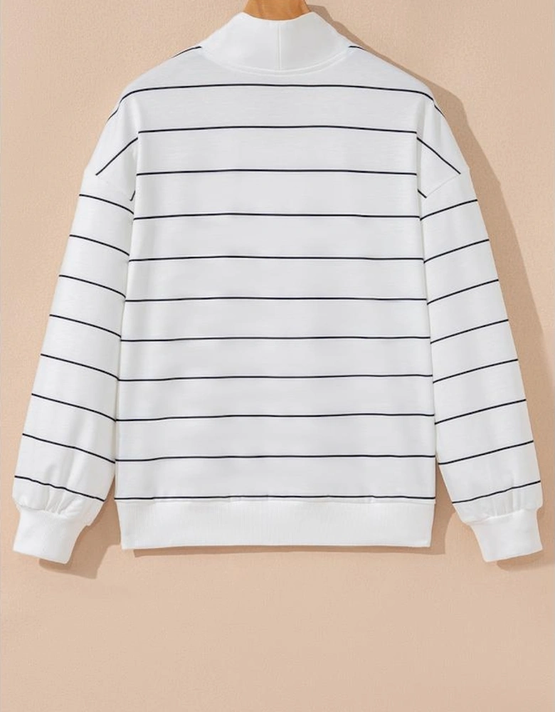 White Zip V Neck Casual Stripe Print Drop Shoulder Long Sleeve Top