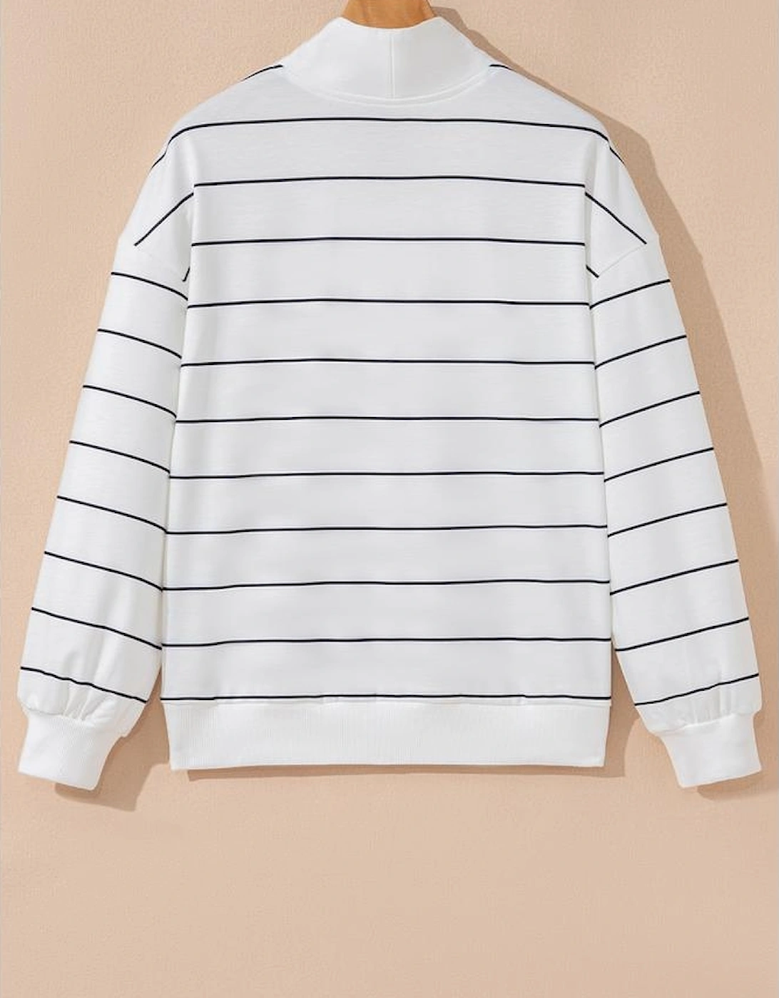 White Zip V Neck Casual Stripe Print Drop Shoulder Long Sleeve Top