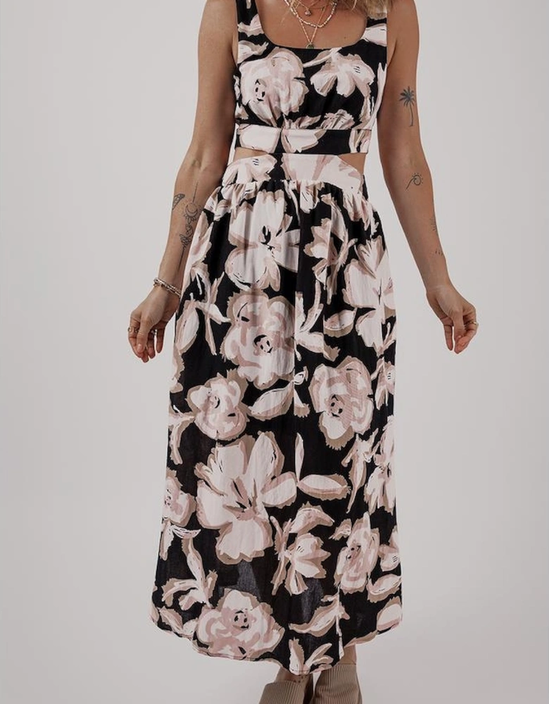 Black Floral Cutout Square Neck Knot Back Sleeveless Maxi Dress