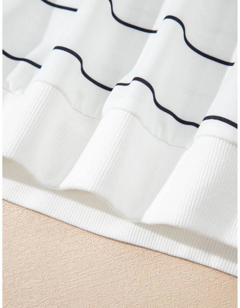 White Zip V Neck Casual Stripe Print Drop Shoulder Long Sleeve Top