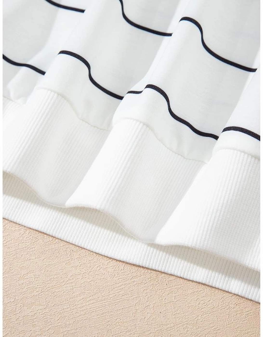 White Zip V Neck Casual Stripe Print Drop Shoulder Long Sleeve Top