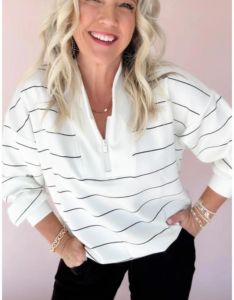 White Zip V Neck Casual Stripe Print Drop Shoulder Long Sleeve Top