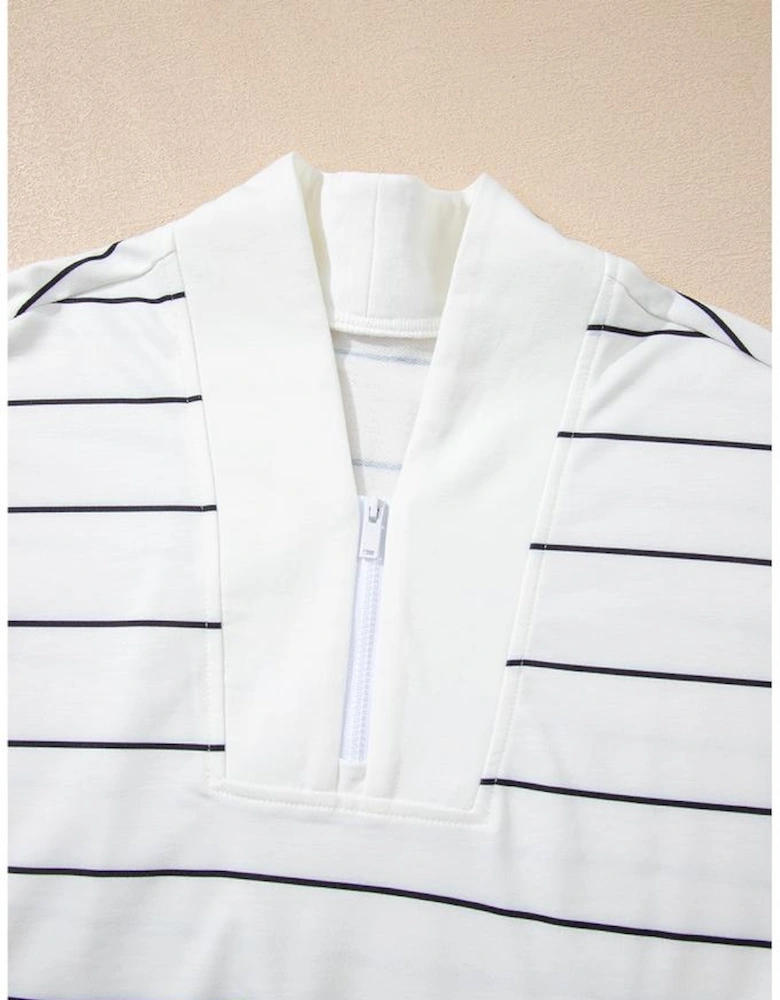 White Zip V Neck Casual Stripe Print Drop Shoulder Long Sleeve Top