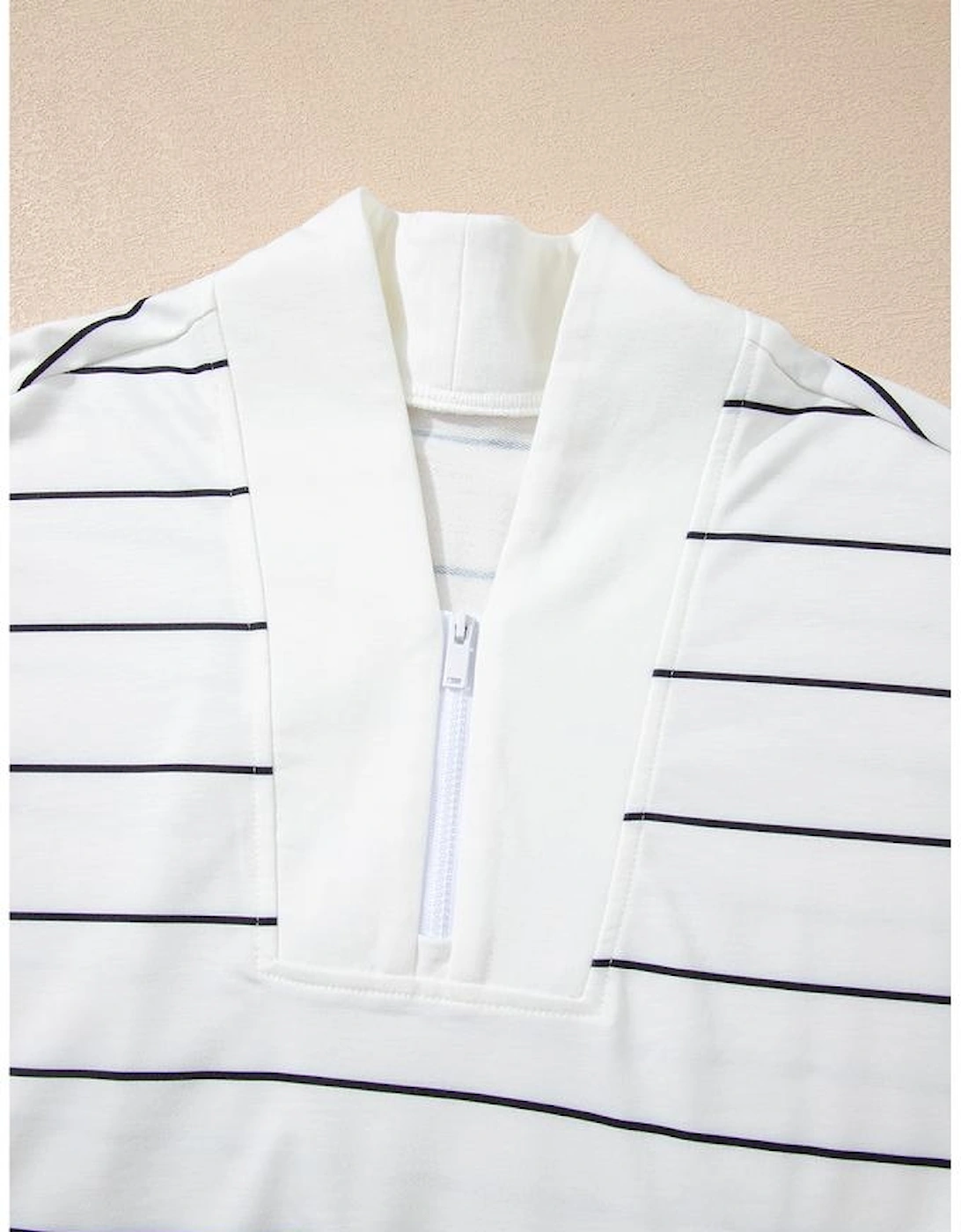 White Zip V Neck Casual Stripe Print Drop Shoulder Long Sleeve Top