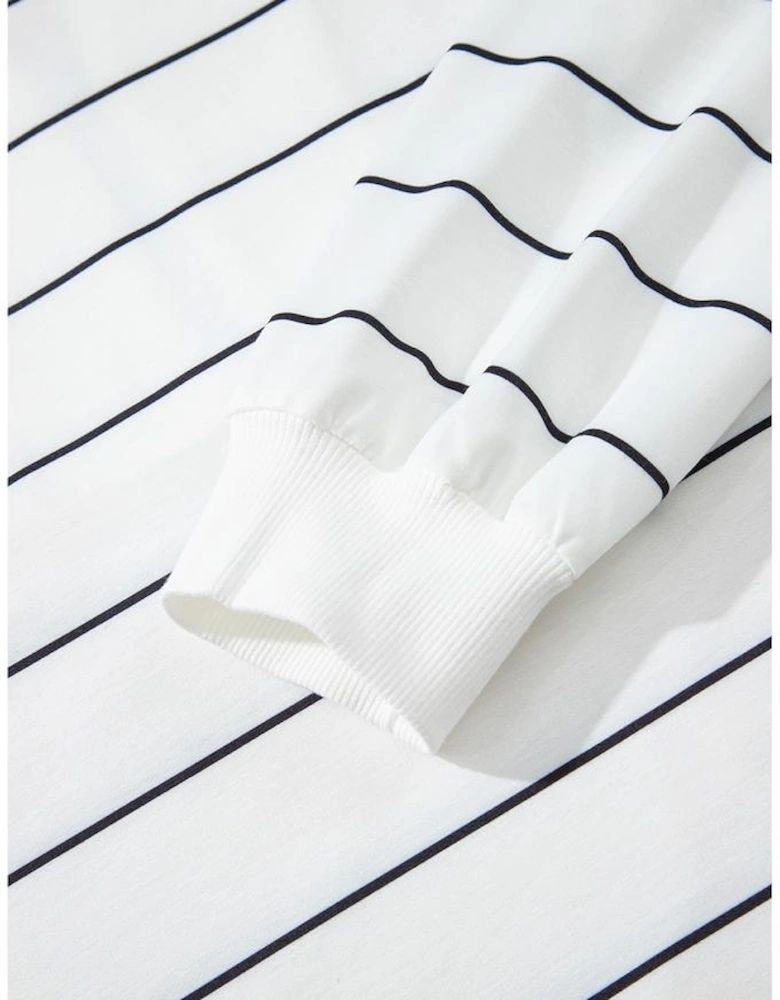 White Zip V Neck Casual Stripe Print Drop Shoulder Long Sleeve Top