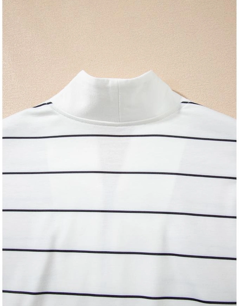 White Zip V Neck Casual Stripe Print Drop Shoulder Long Sleeve Top