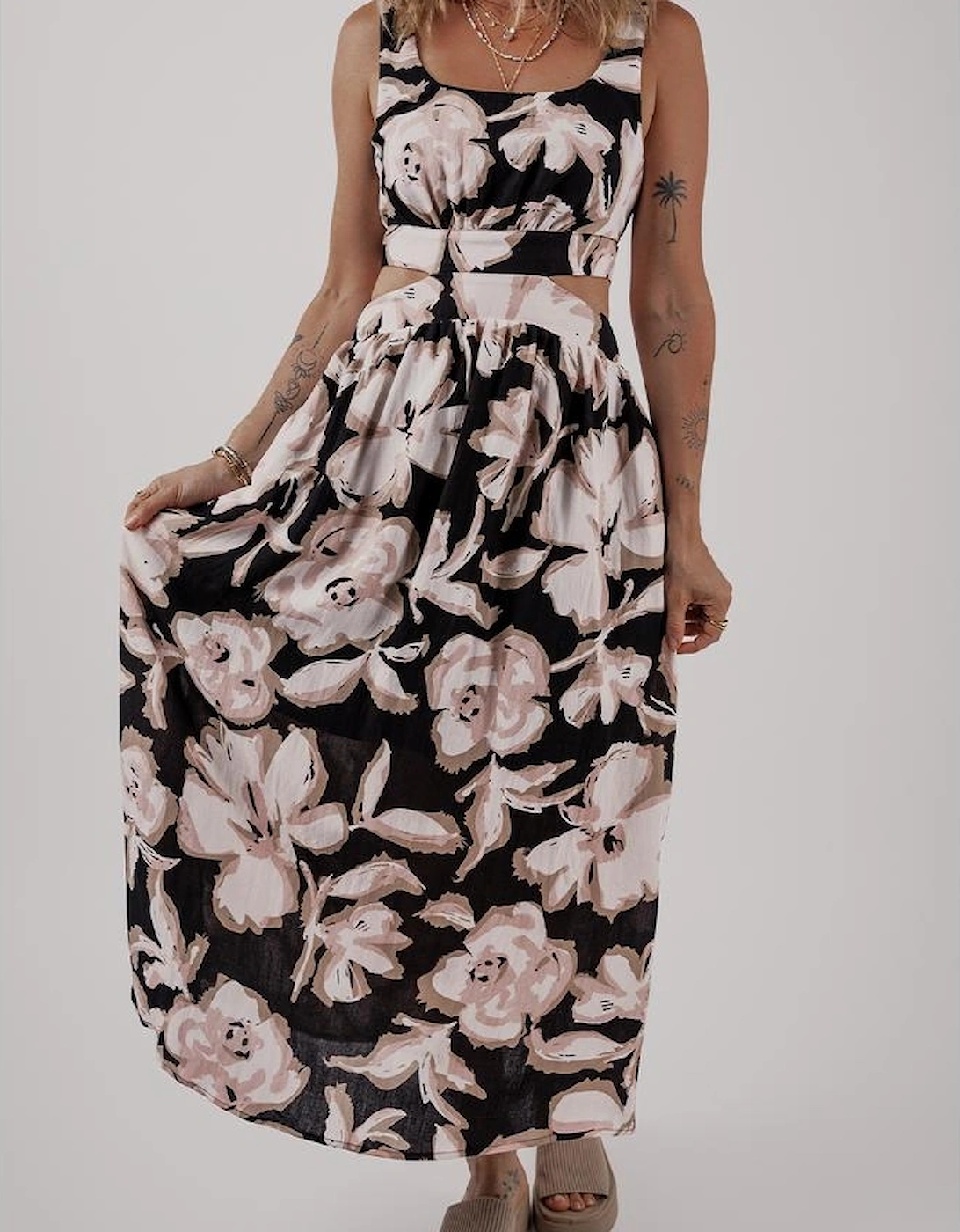 Black Floral Cutout Square Neck Knot Back Sleeveless Maxi Dress