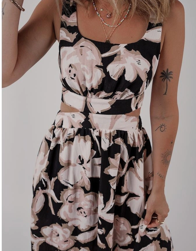 Black Floral Cutout Square Neck Knot Back Sleeveless Maxi Dress