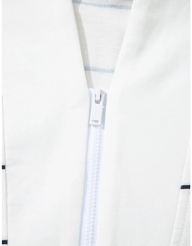 White Zip V Neck Casual Stripe Print Drop Shoulder Long Sleeve Top