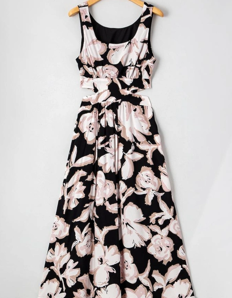Black Floral Cutout Square Neck Knot Back Sleeveless Maxi Dress