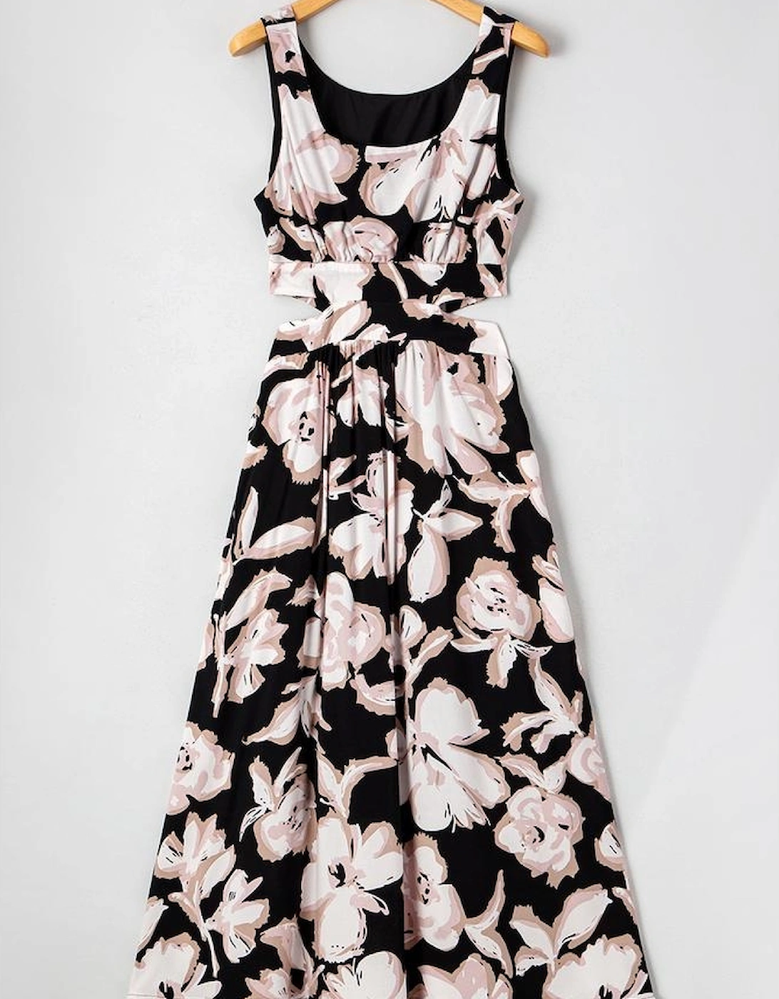Black Floral Cutout Square Neck Knot Back Sleeveless Maxi Dress