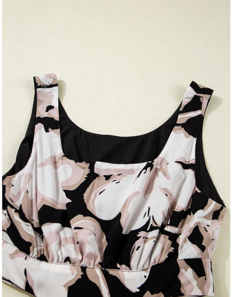 Black Floral Cutout Square Neck Knot Back Sleeveless Maxi Dress