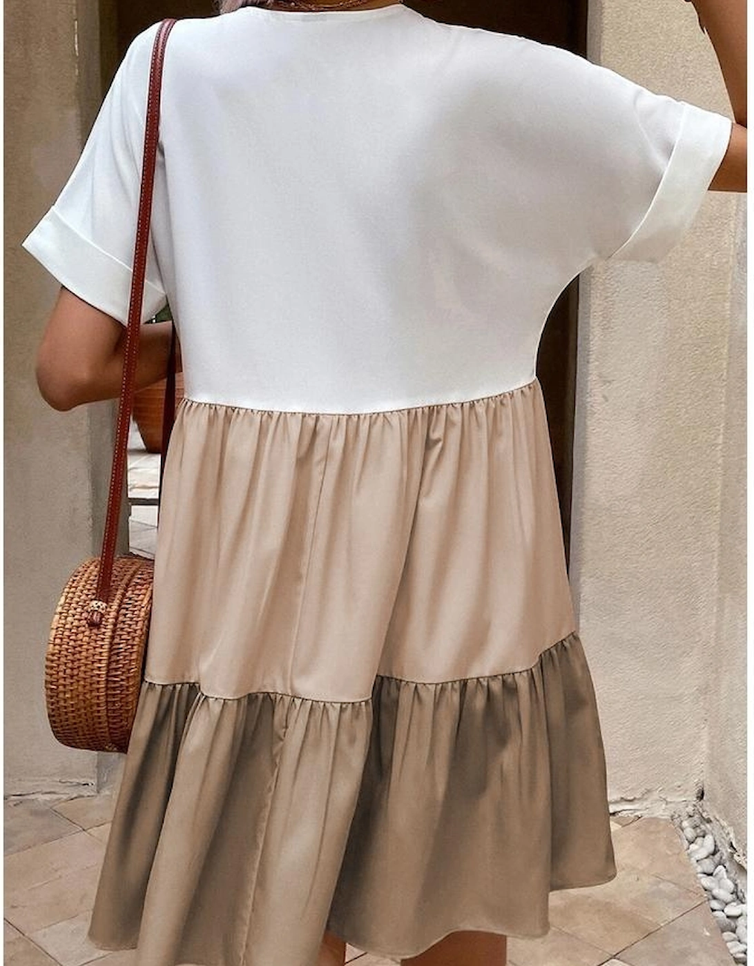 Light French Beige Triple Colors V Neck Folded Cuffs Tiered Loose Dress