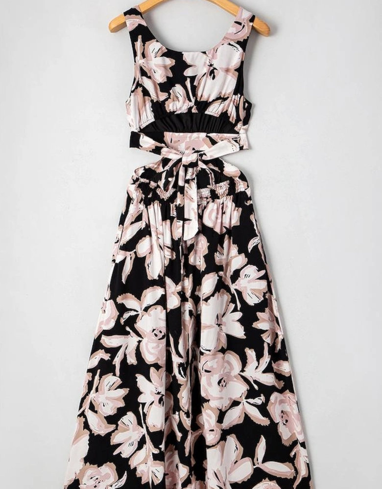 Black Floral Cutout Square Neck Knot Back Sleeveless Maxi Dress