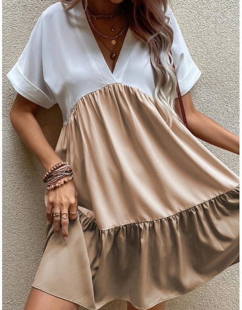 Light French Beige Triple Colors V Neck Folded Cuffs Tiered Loose Dress