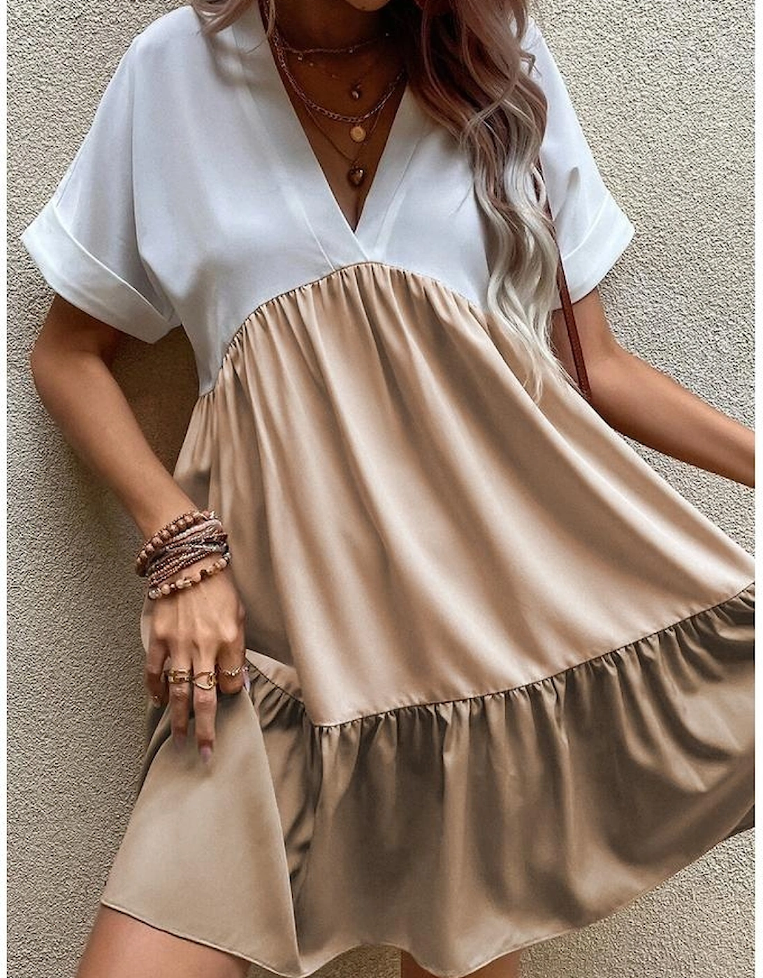 Light French Beige Triple Colors V Neck Folded Cuffs Tiered Loose Dress