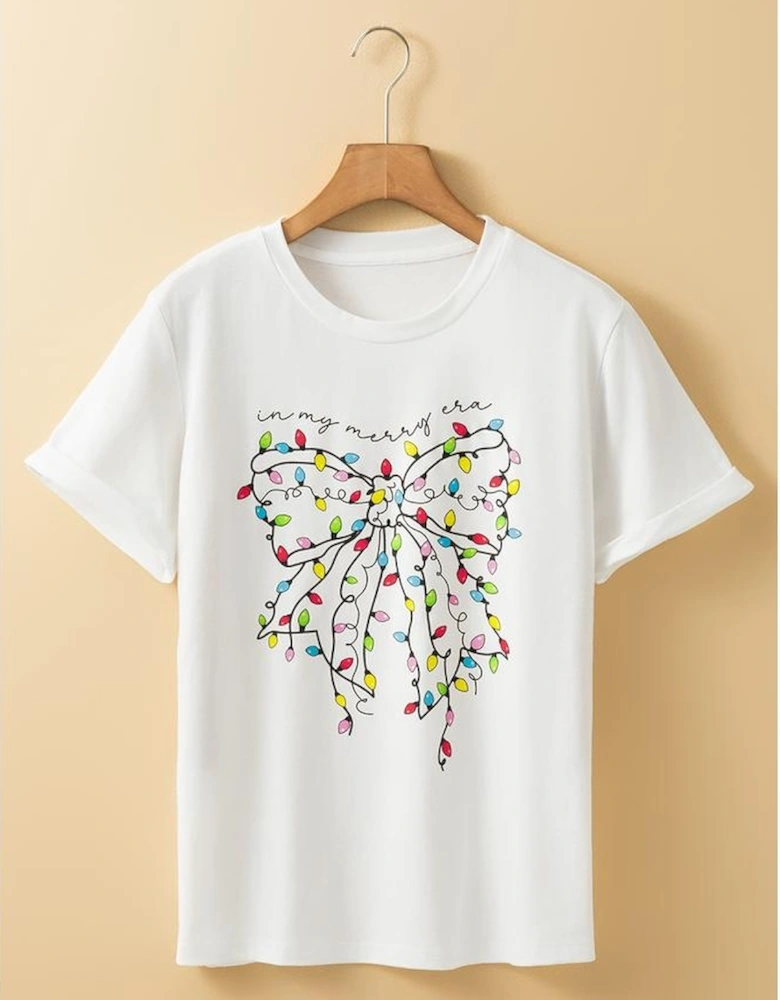 White Colored Light Bowknot Graphic Crewneck T Shirt