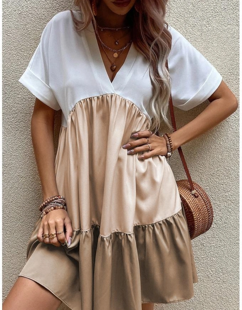 Light French Beige Triple Colors V Neck Folded Cuffs Tiered Loose Dress