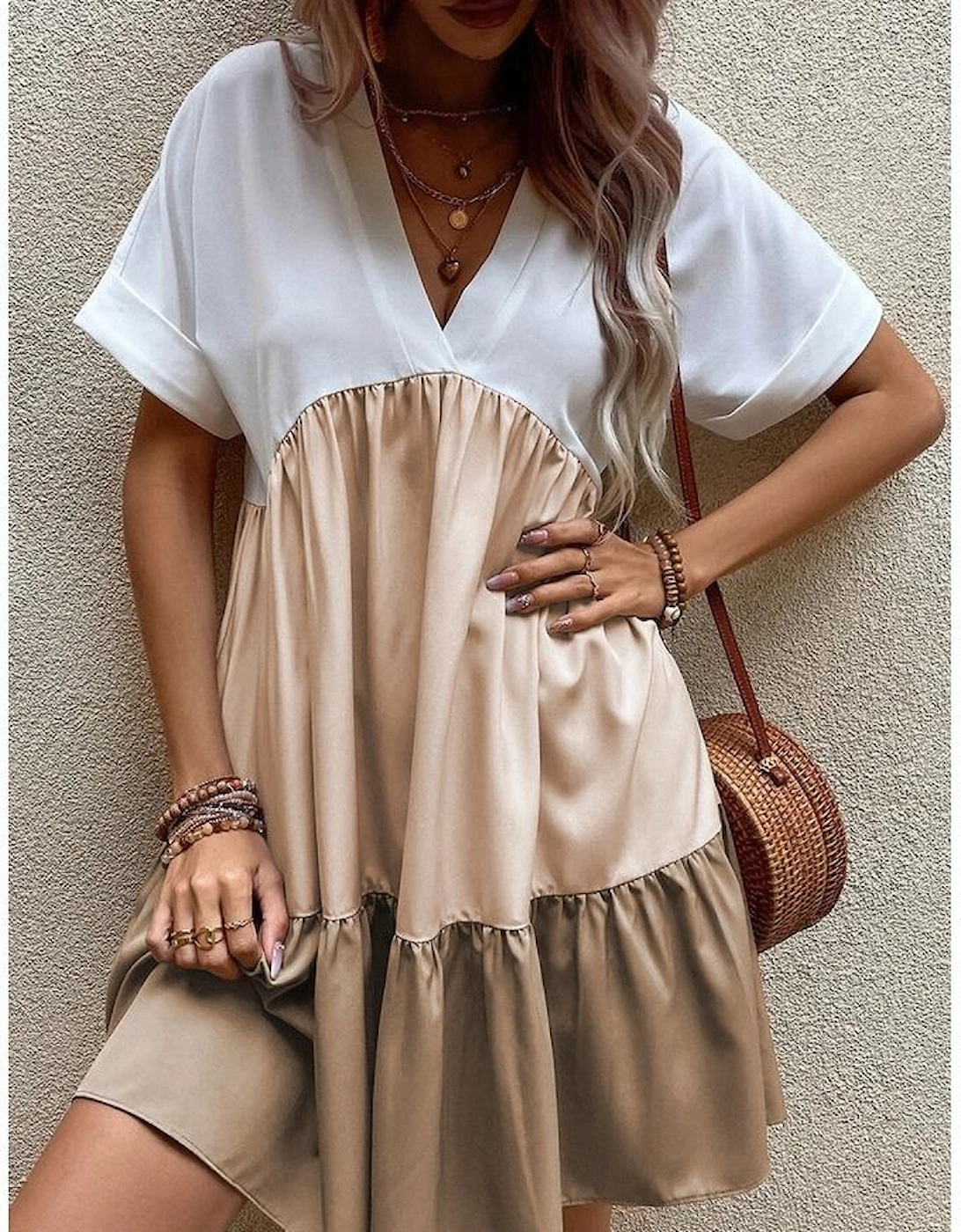 Light French Beige Triple Colors V Neck Folded Cuffs Tiered Loose Dress
