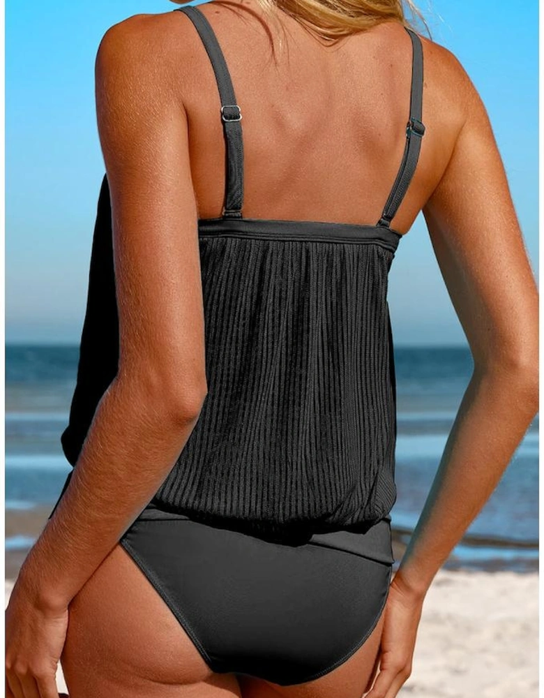 Black Striped Mesh Knotted Hem Tankini Swimsuit