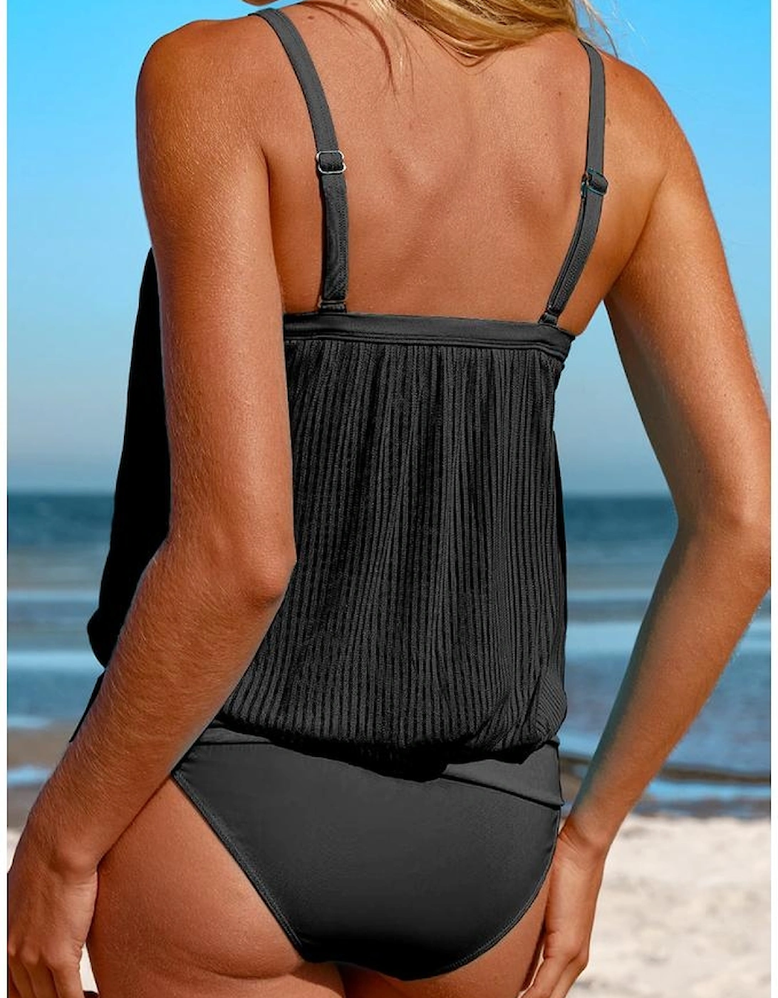 Black Striped Mesh Knotted Hem Tankini Swimsuit