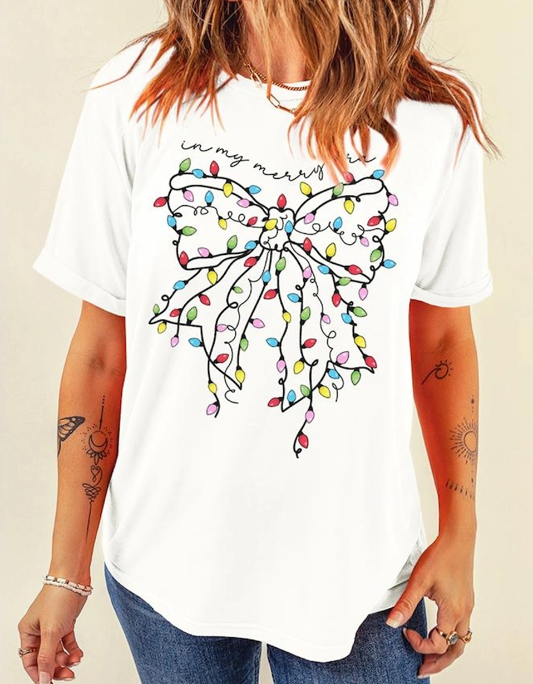 White Colored Light Bowknot Graphic Crewneck T Shirt