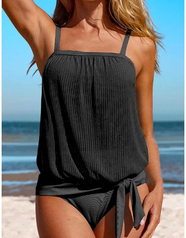 Black Striped Mesh Knotted Hem Tankini Swimsuit