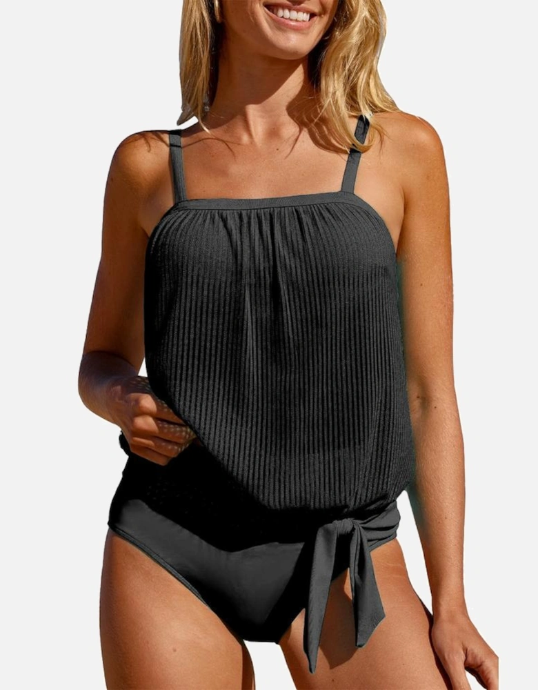 Black Striped Mesh Knotted Hem Tankini Swimsuit