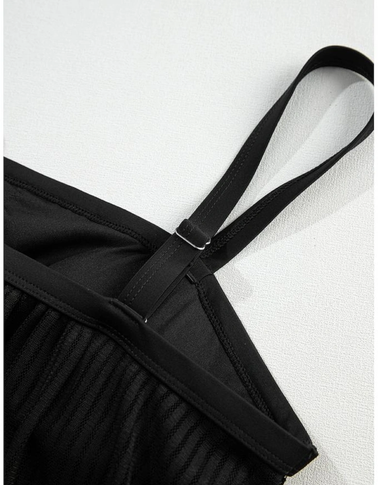 Black Striped Mesh Knotted Hem Tankini Swimsuit