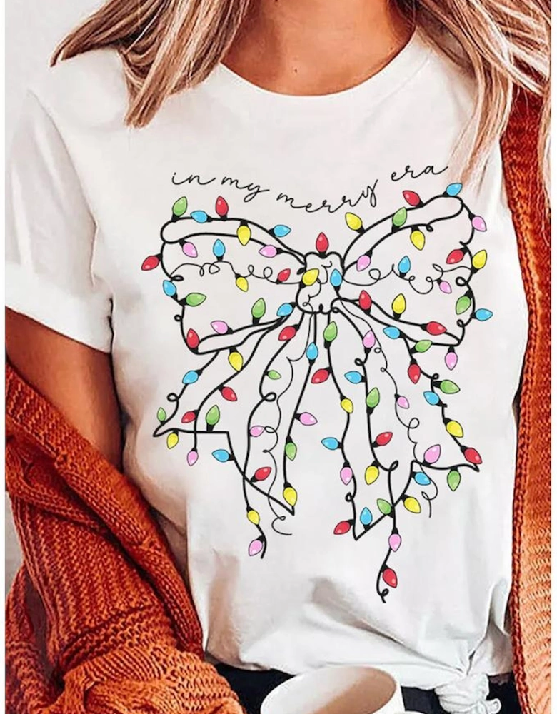 White Colored Light Bowknot Graphic Crewneck T Shirt
