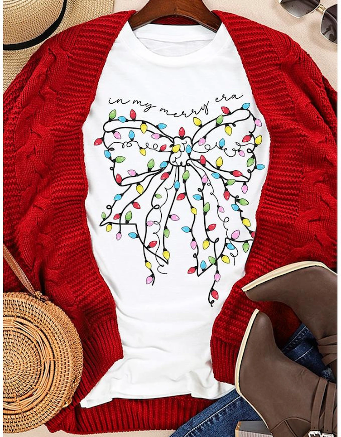 White Colored Light Bowknot Graphic Crewneck T Shirt
