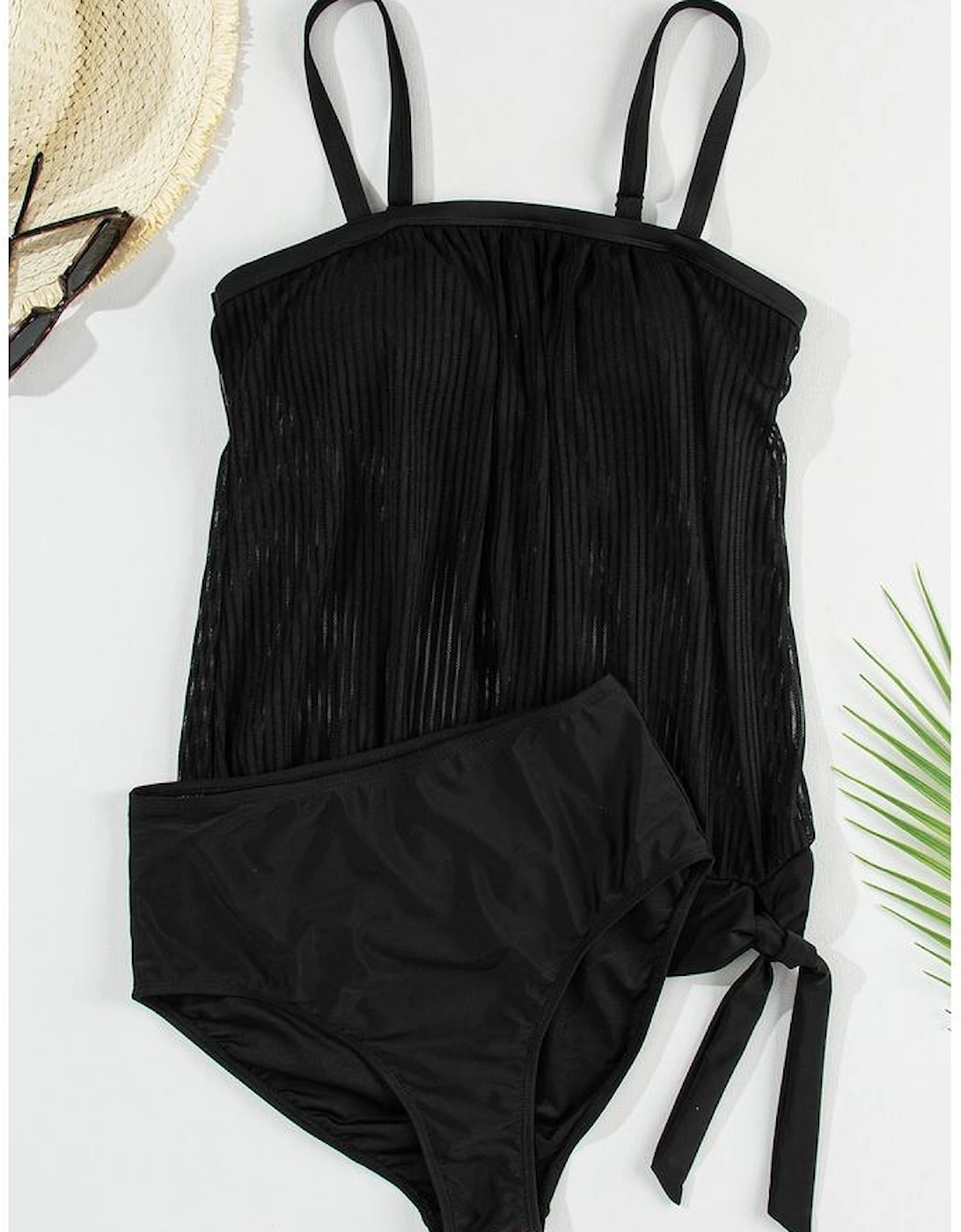 Black Striped Mesh Knotted Hem Tankini Swimsuit