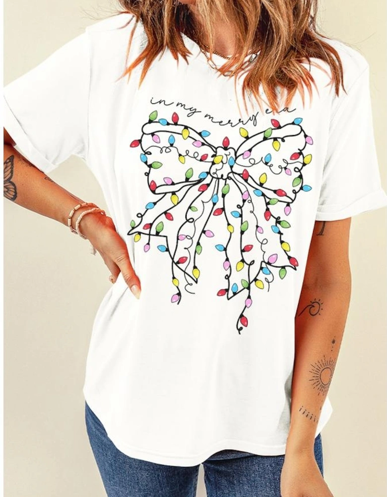 White Colored Light Bowknot Graphic Crewneck T Shirt