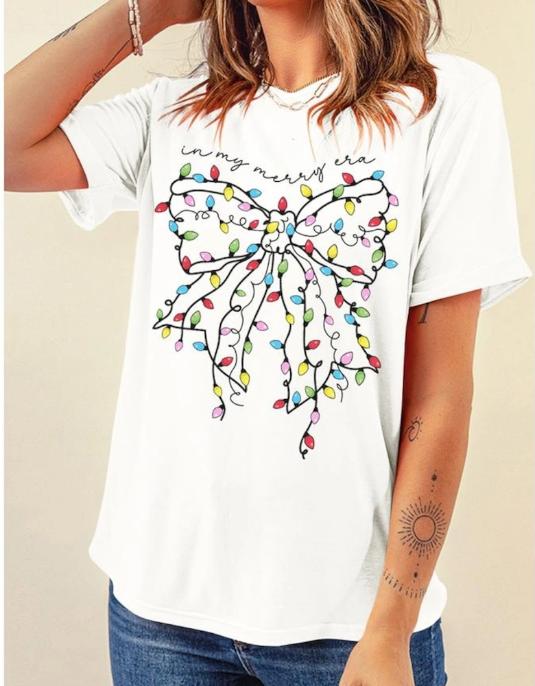 White Colored Light Bowknot Graphic Crewneck T Shirt