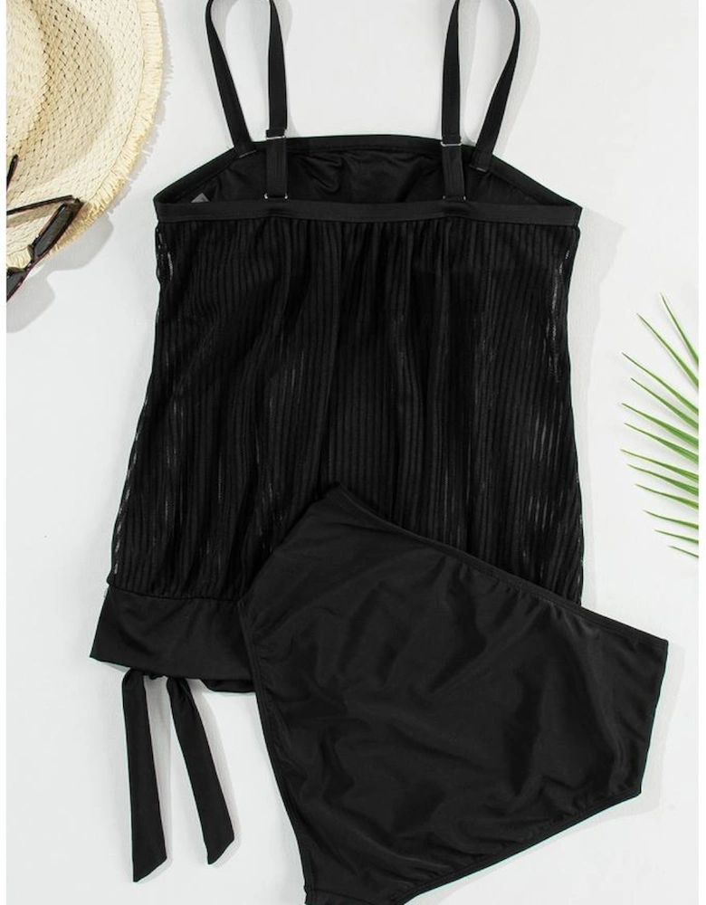 Black Striped Mesh Knotted Hem Tankini Swimsuit