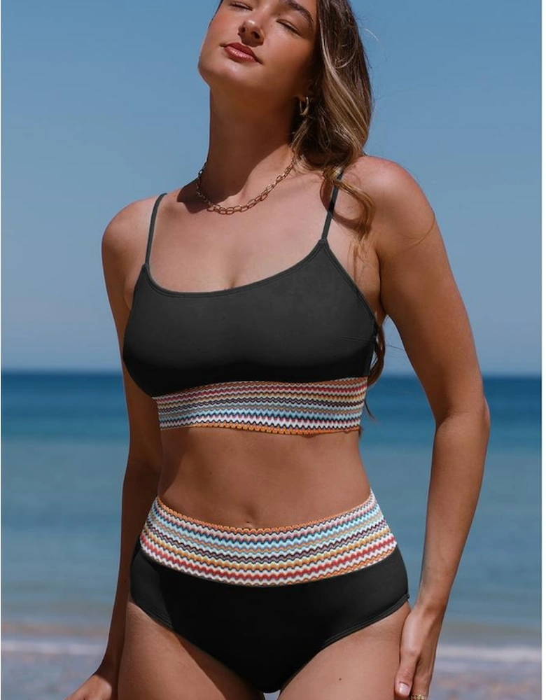 Black Striped Patchwork Spaghetti Strap High Waist Bikini Swimsuit