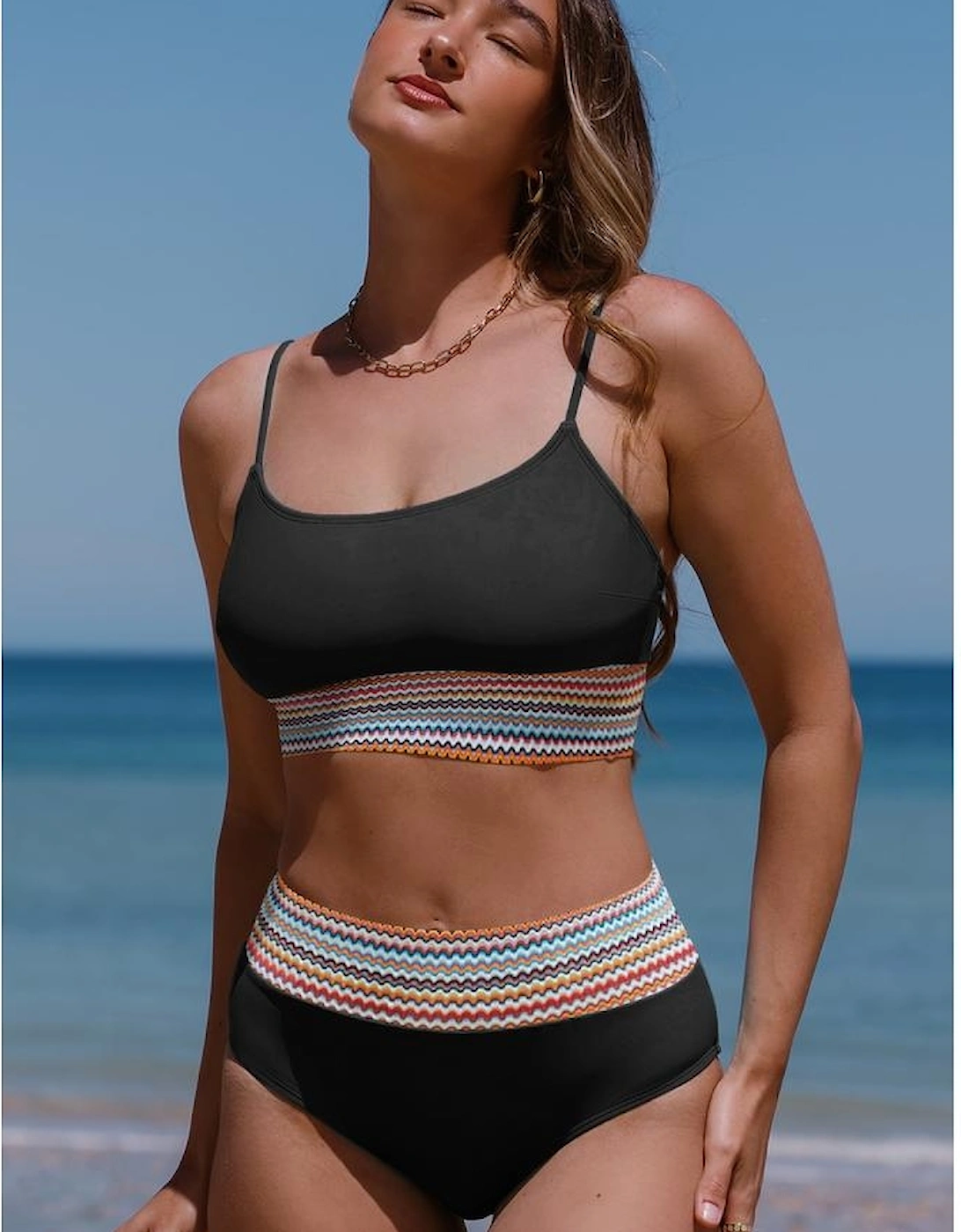 Black Striped Patchwork Spaghetti Strap High Waist Bikini Swimsuit