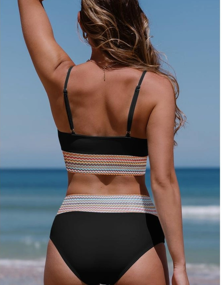 Black Striped Patchwork Spaghetti Strap High Waist Bikini Swimsuit