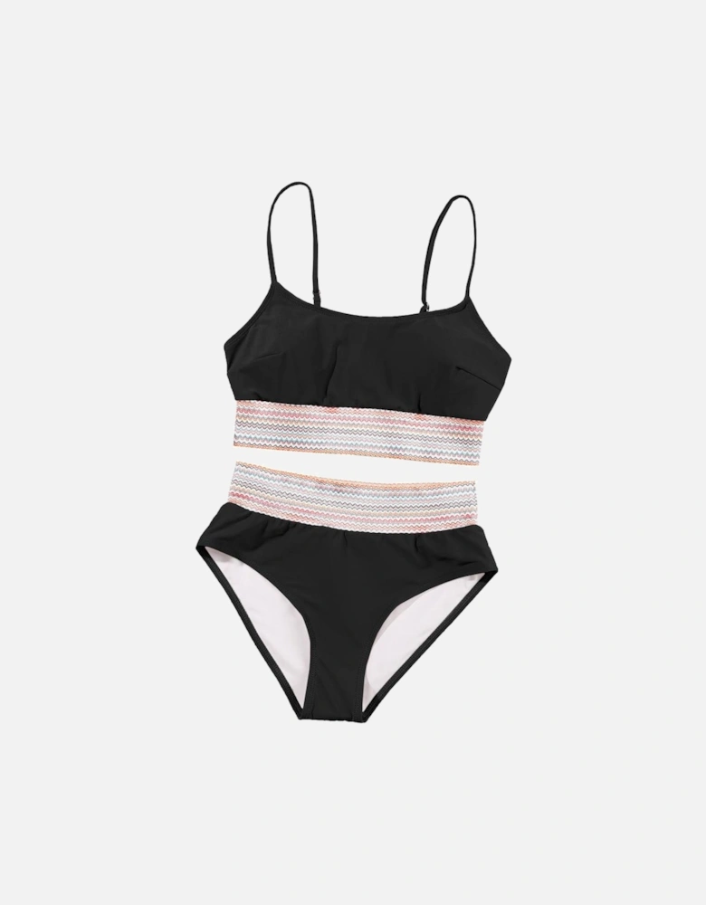 Black Striped Patchwork Spaghetti Strap High Waist Bikini Swimsuit