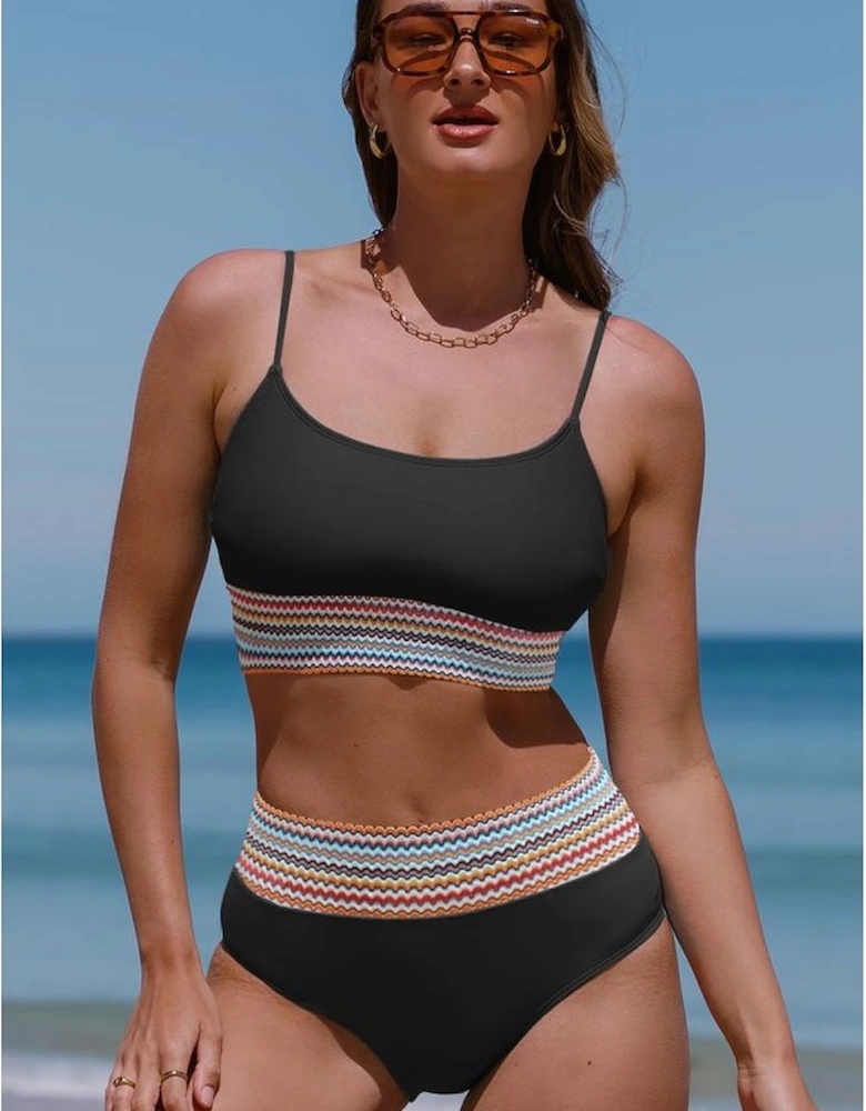 Black Striped Patchwork Spaghetti Strap High Waist Bikini Swimsuit