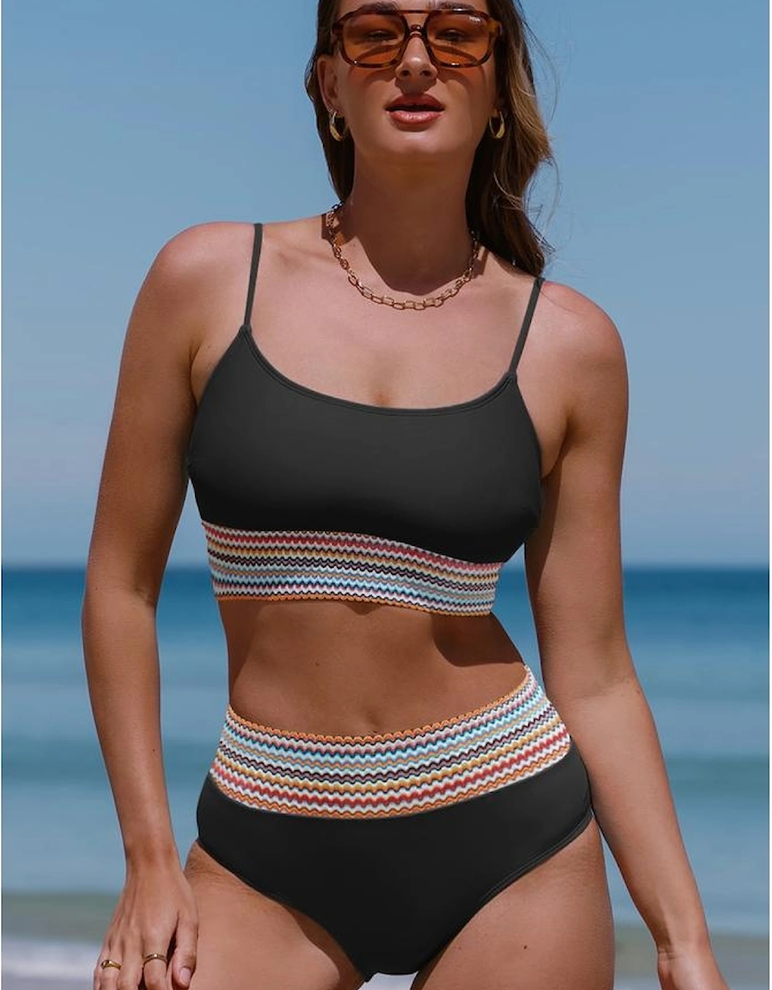 Black Striped Patchwork Spaghetti Strap High Waist Bikini Swimsuit