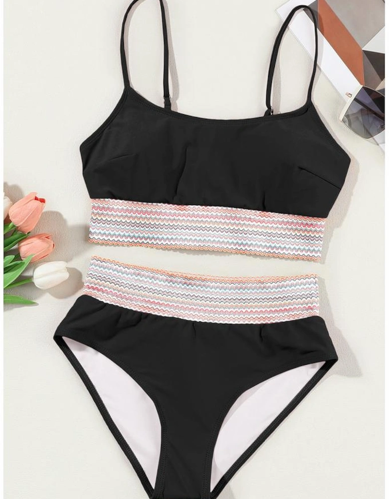 Black Striped Patchwork Spaghetti Strap High Waist Bikini Swimsuit