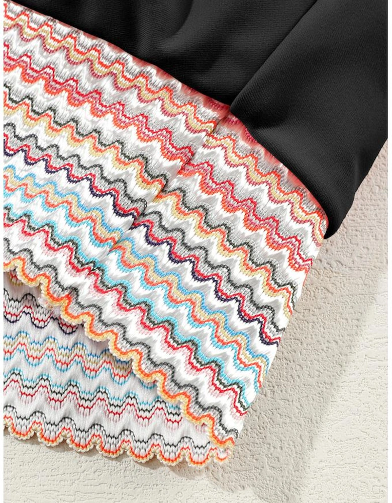 Black Striped Patchwork Spaghetti Strap High Waist Bikini Swimsuit