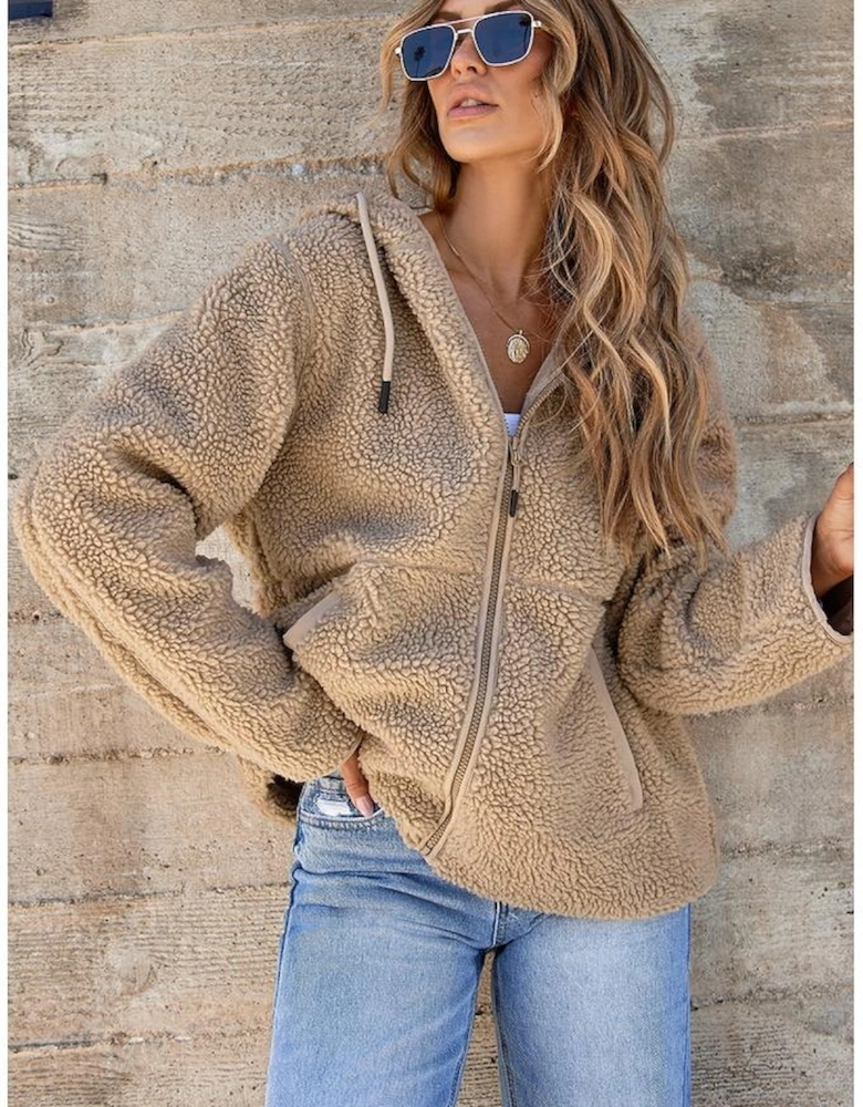 Pale Khaki Fleece Zip Up Drawstring Hooded Pocketed Jacket